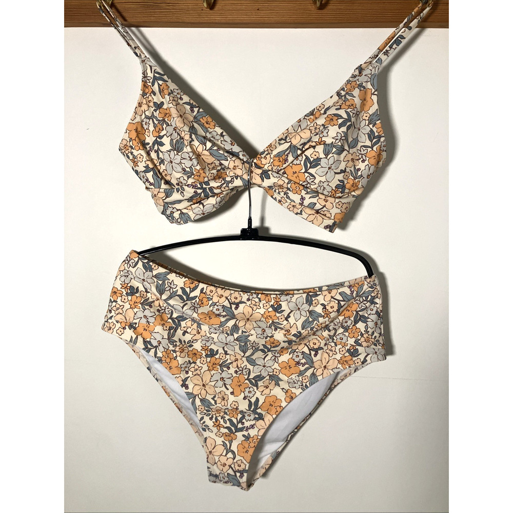 CUPSHE Floral Print Twist Bralette & Spliced High Waist Bikini Set 2 piece S